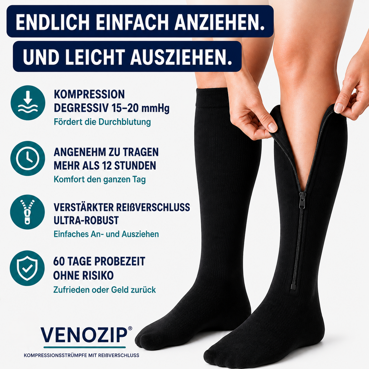 VenoFlex™ Kompressionsstrümpfe mit Reißverschluss für Praktischen Komfort