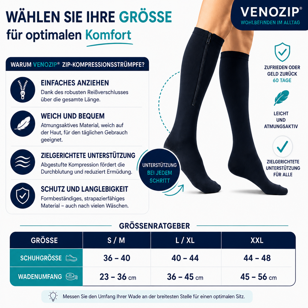 VenoFlex™ Kompressionsstrümpfe mit Reißverschluss für Praktischen Komfort